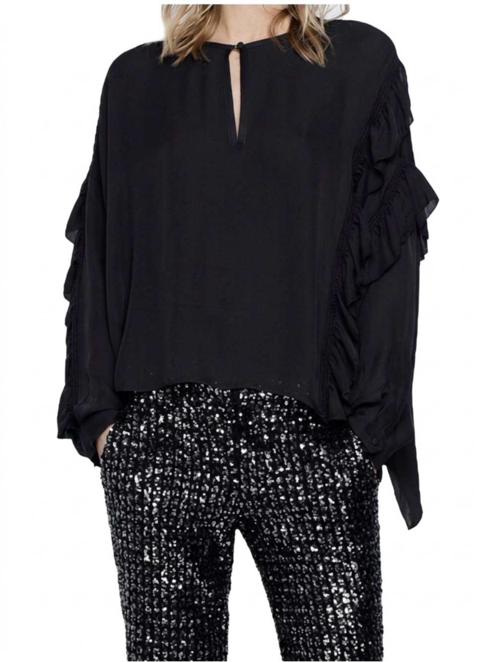 Zadig & Voltaire Terra Flowy Ruffle Sleeve BLACK Blouse Size Small